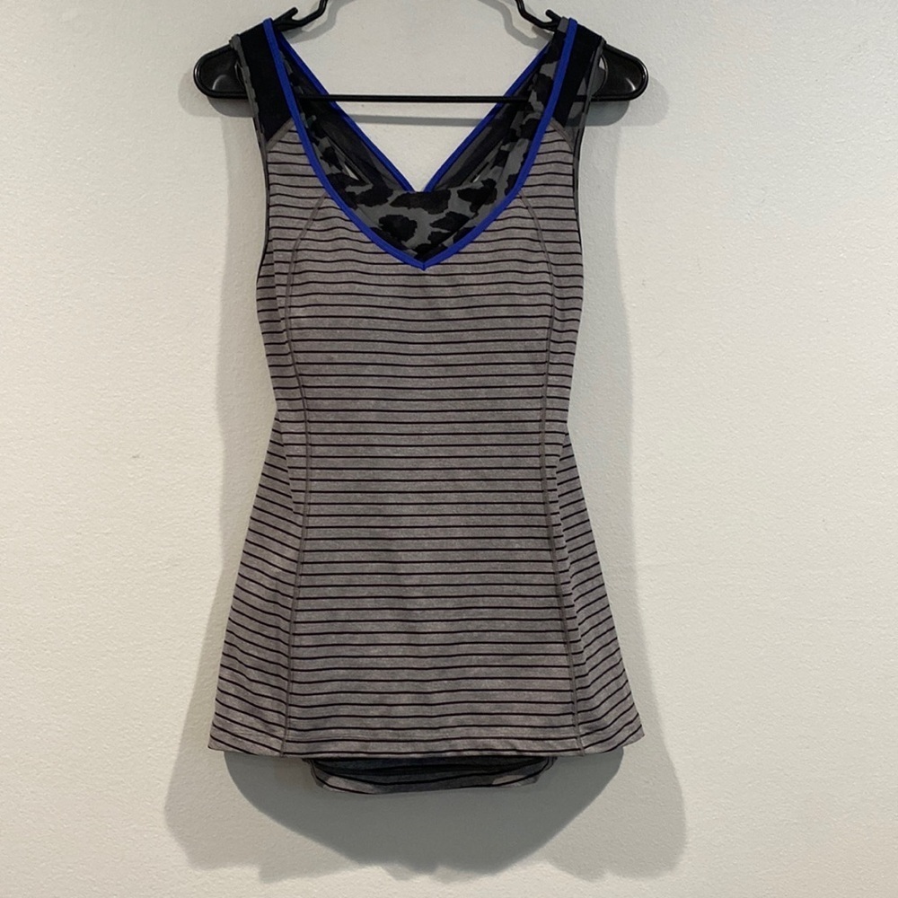 Lululemon Gray and Black Striped Tank Top with Cheetah Print Built-in Bra